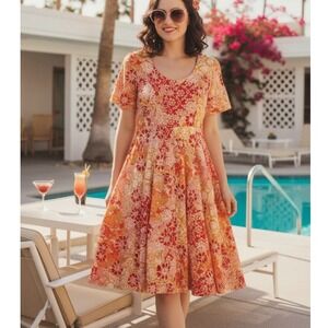 Phool Midi Dress Floral Print Red Orange Yellow Short Sleeve‎ V Neck Size L